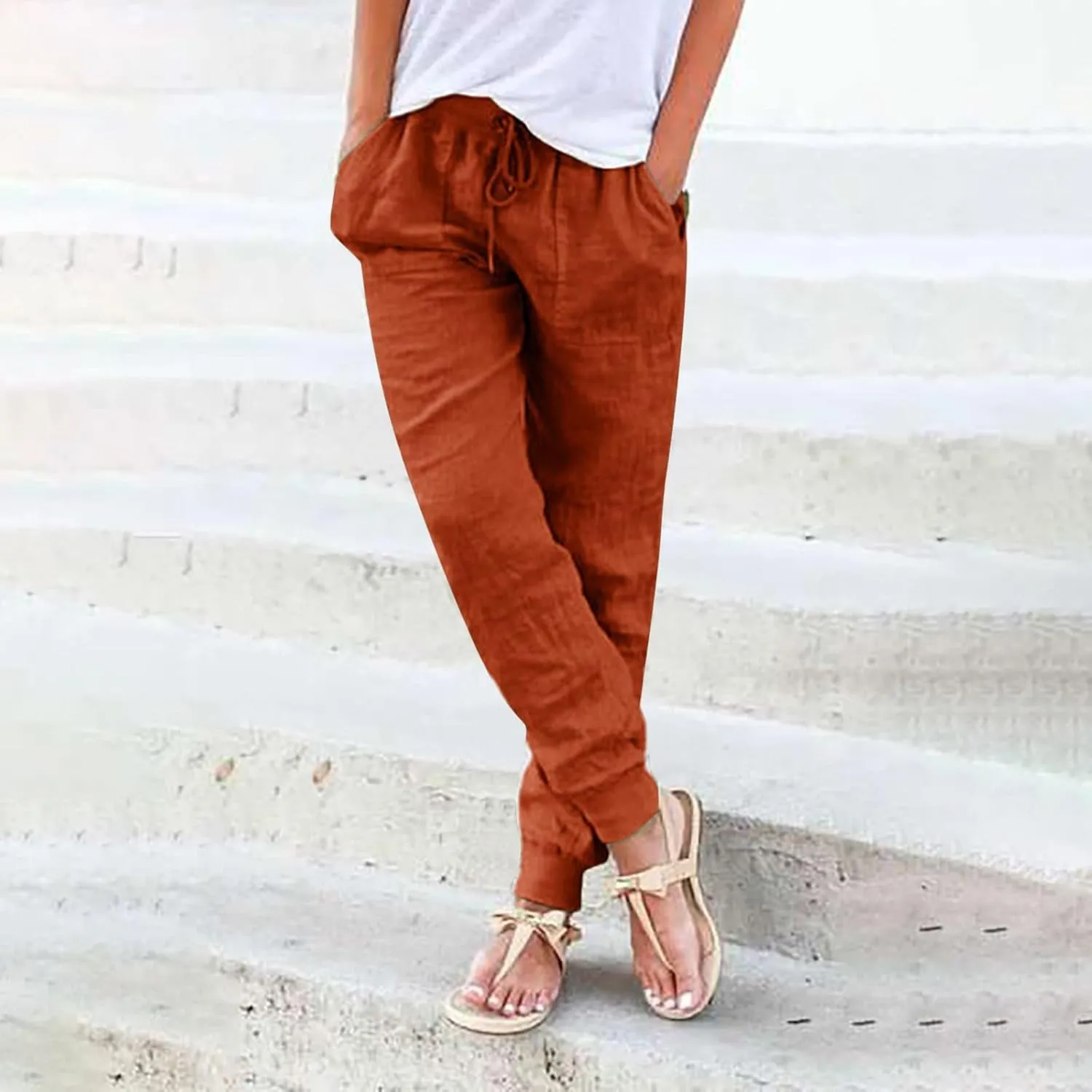 Women Summer Tapered Pants Linen Cotton Casual Drawstring Elastic Waist Pants Loose Fit Solid Lounge Trousers with Pockets