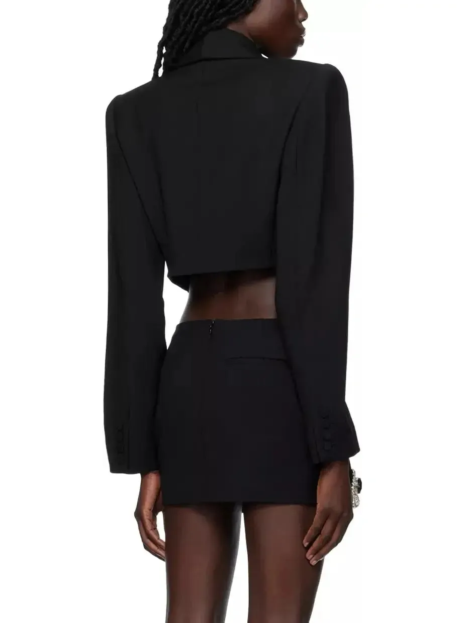 Women’s Butterfly-Embroidered Cropped Blazer and Mini Skirt Set in Black