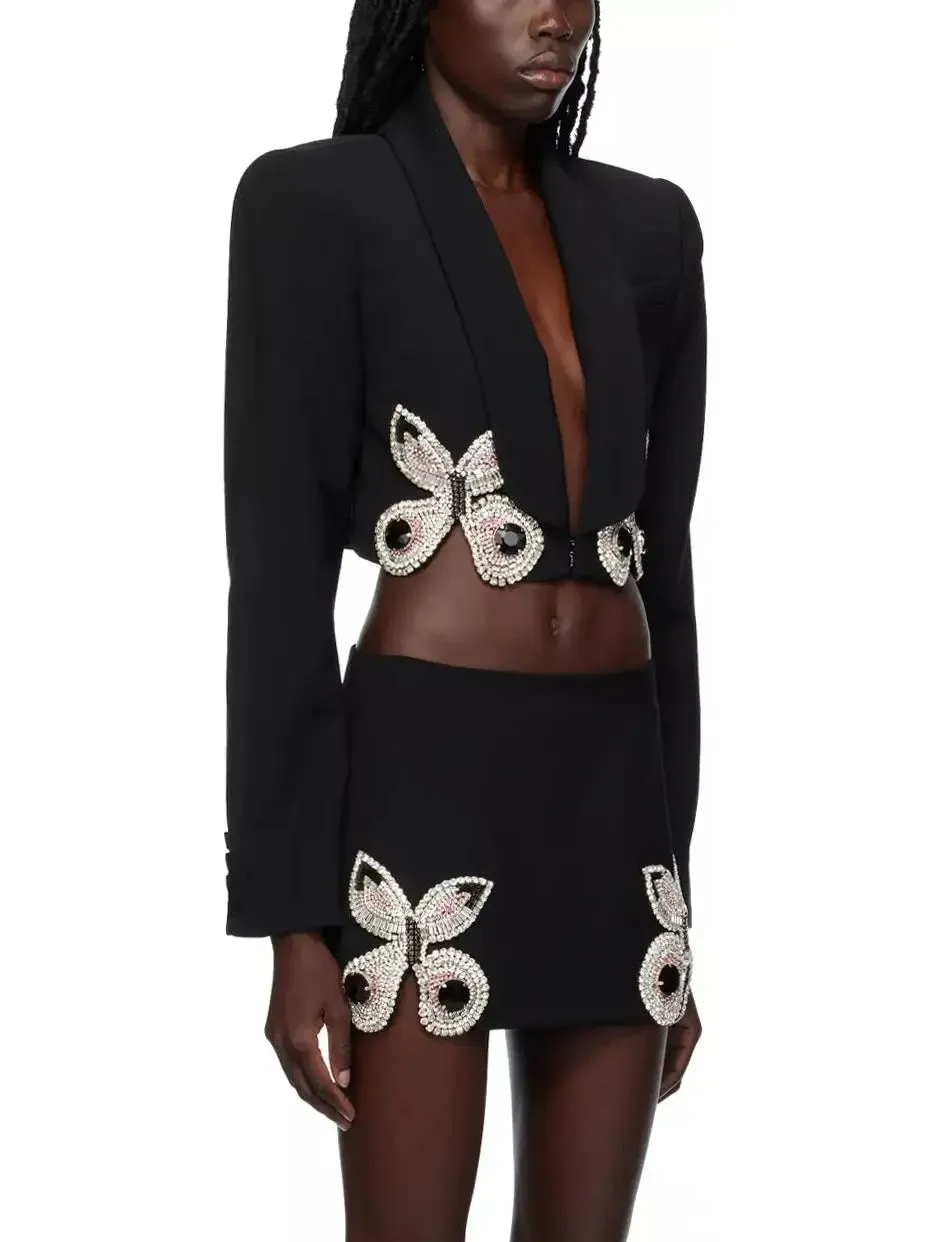 Women’s Butterfly-Embroidered Cropped Blazer and Mini Skirt Set in Black