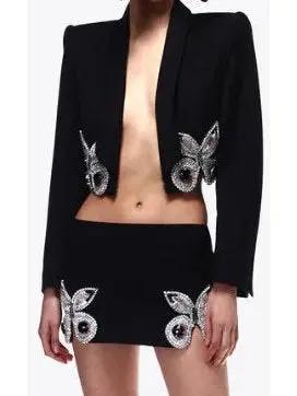 Women’s Butterfly-Embroidered Cropped Blazer and Mini Skirt Set in Black