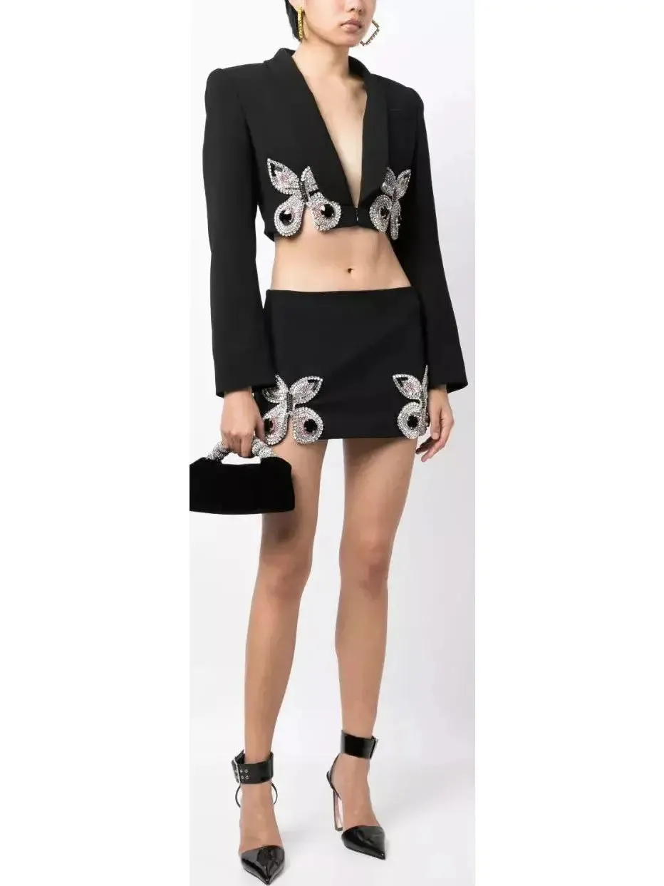 Women’s Butterfly-Embroidered Cropped Blazer and Mini Skirt Set in Black