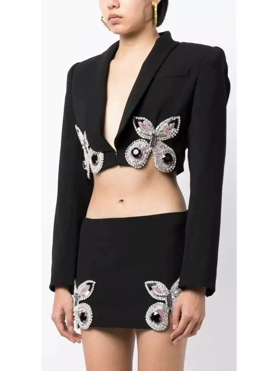 Women’s Butterfly-Embroidered Cropped Blazer and Mini Skirt Set in Black
