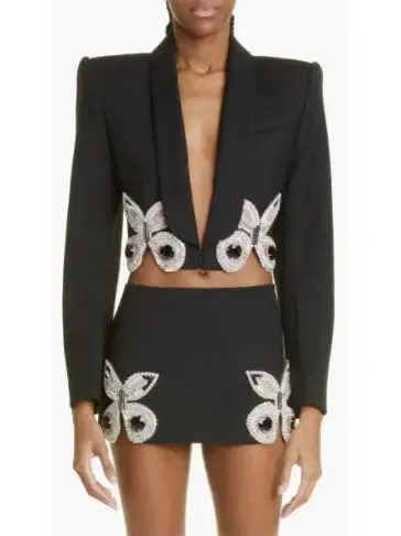 Women’s Butterfly-Embroidered Cropped Blazer and Mini Skirt Set in Black