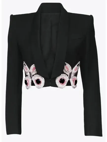 Women’s Butterfly-Embroidered Cropped Blazer and Mini Skirt Set in Black