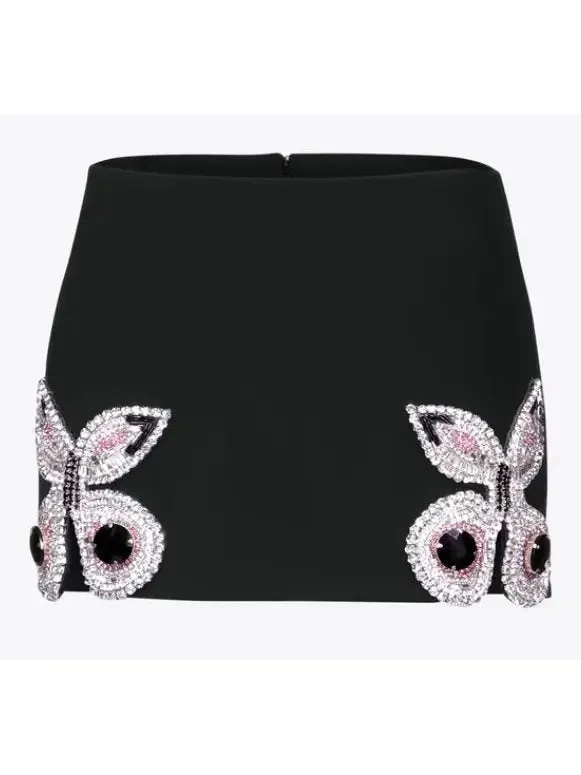 Women’s Butterfly-Embroidered Cropped Blazer and Mini Skirt Set in Black