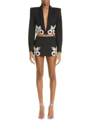 Women’s Butterfly-Embroidered Cropped Blazer and Mini Skirt Set in Black