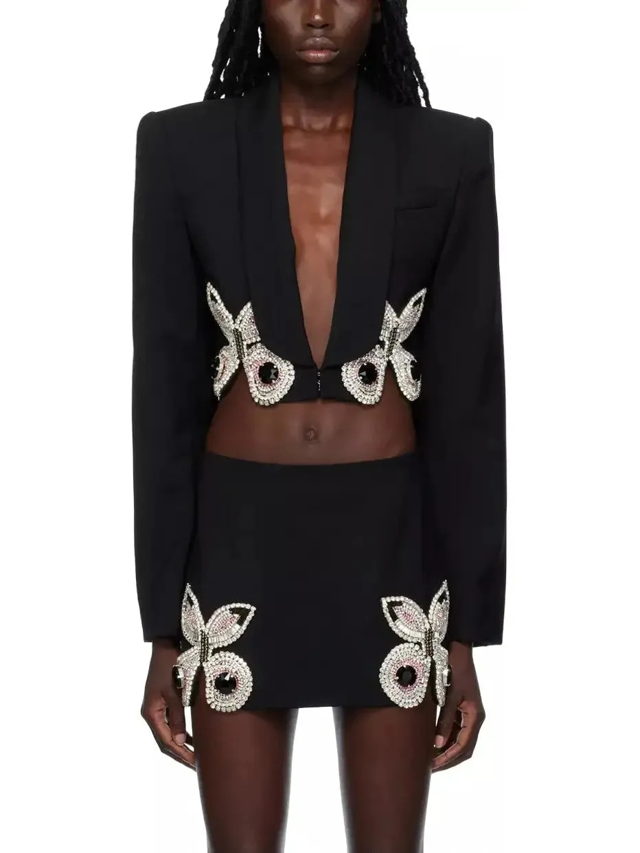Women’s Butterfly-Embroidered Cropped Blazer and Mini Skirt Set in Black