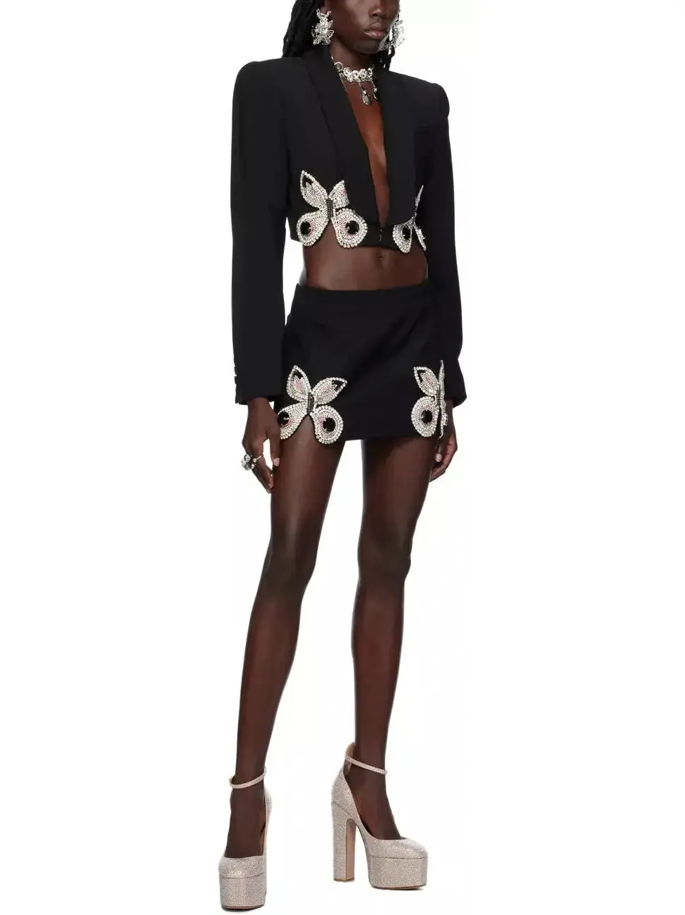 Women’s Butterfly-Embroidered Cropped Blazer and Mini Skirt Set in Black