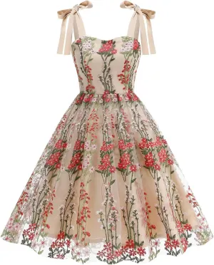 Women's Cocktail Dresses Vintage Style Fashion Embroidered Floral Swing Dress Sexy Sling Bandeau Tea Midi Dress