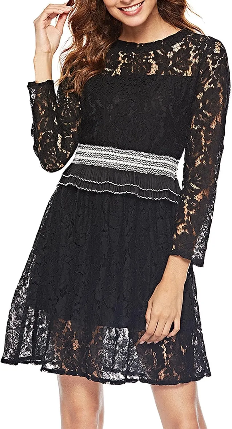 Women's Elegant Formal Lace Floral Dress Long Sleeve Crew Neck Ruffle Trim Mini Dress Cocktail Prom A Line Dress