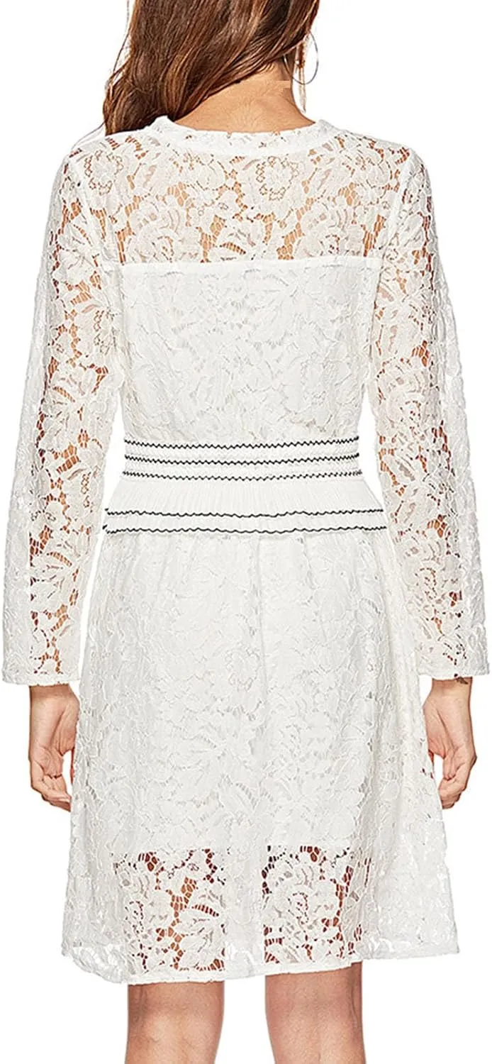 Women's Elegant Formal Lace Floral Dress Long Sleeve Crew Neck Ruffle Trim Mini Dress Cocktail Prom A Line Dress