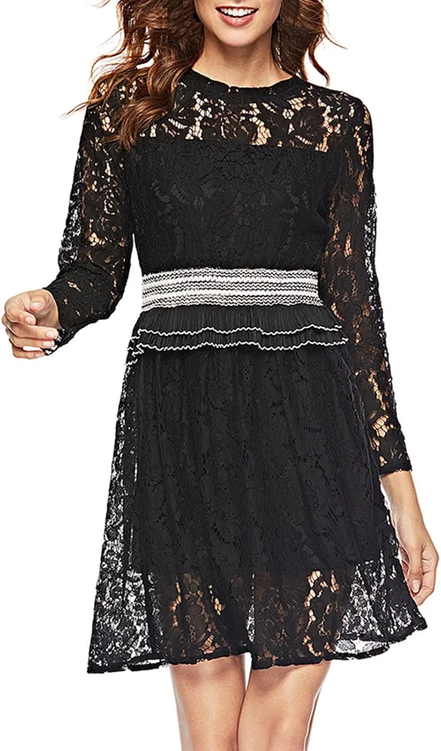 Women's Elegant Formal Lace Floral Dress Long Sleeve Crew Neck Ruffle Trim Mini Dress Cocktail Prom A Line Dress
