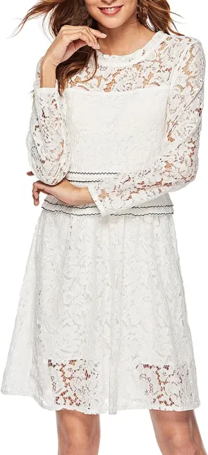 Women's Elegant Formal Lace Floral Dress Long Sleeve Crew Neck Ruffle Trim Mini Dress Cocktail Prom A Line Dress