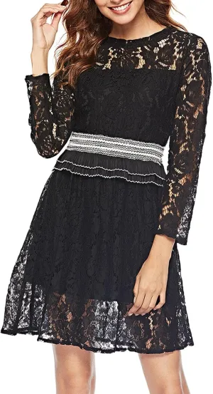 Women's Elegant Formal Lace Floral Dress Long Sleeve Crew Neck Ruffle Trim Mini Dress Cocktail Prom A Line Dress