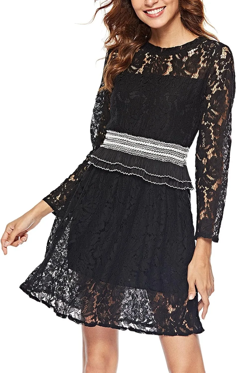 Women's Elegant Formal Lace Floral Dress Long Sleeve Crew Neck Ruffle Trim Mini Dress Cocktail Prom A Line Dress