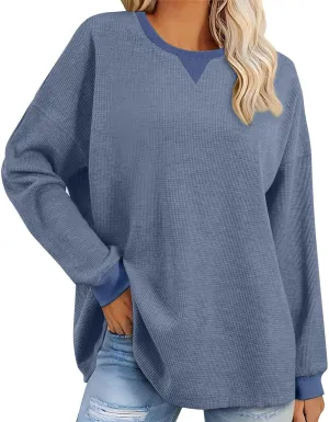 Womens Oversized Sweatshirts 2024 Casual Crewneck Long Sleeve Shirts Waffle Knit Pullover Tops Loose Blouse