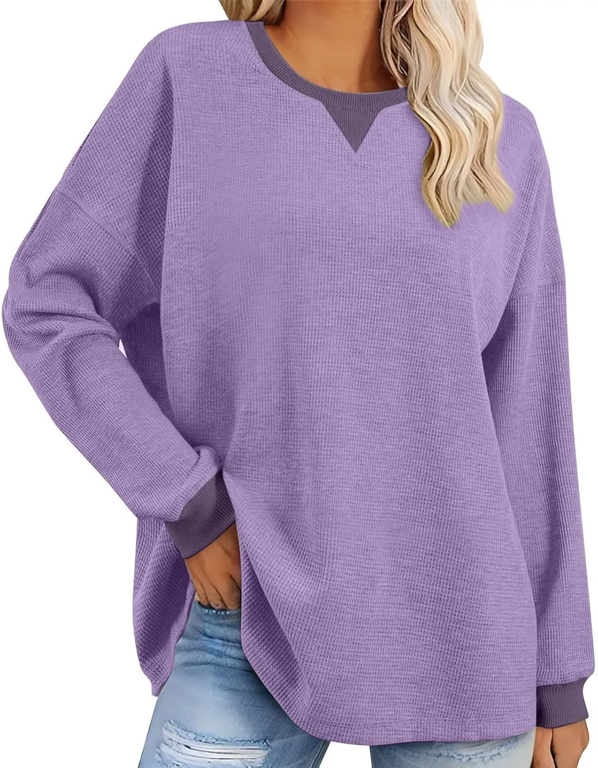 Womens Oversized Sweatshirts 2024 Casual Crewneck Long Sleeve Shirts Waffle Knit Pullover Tops Loose Blouse