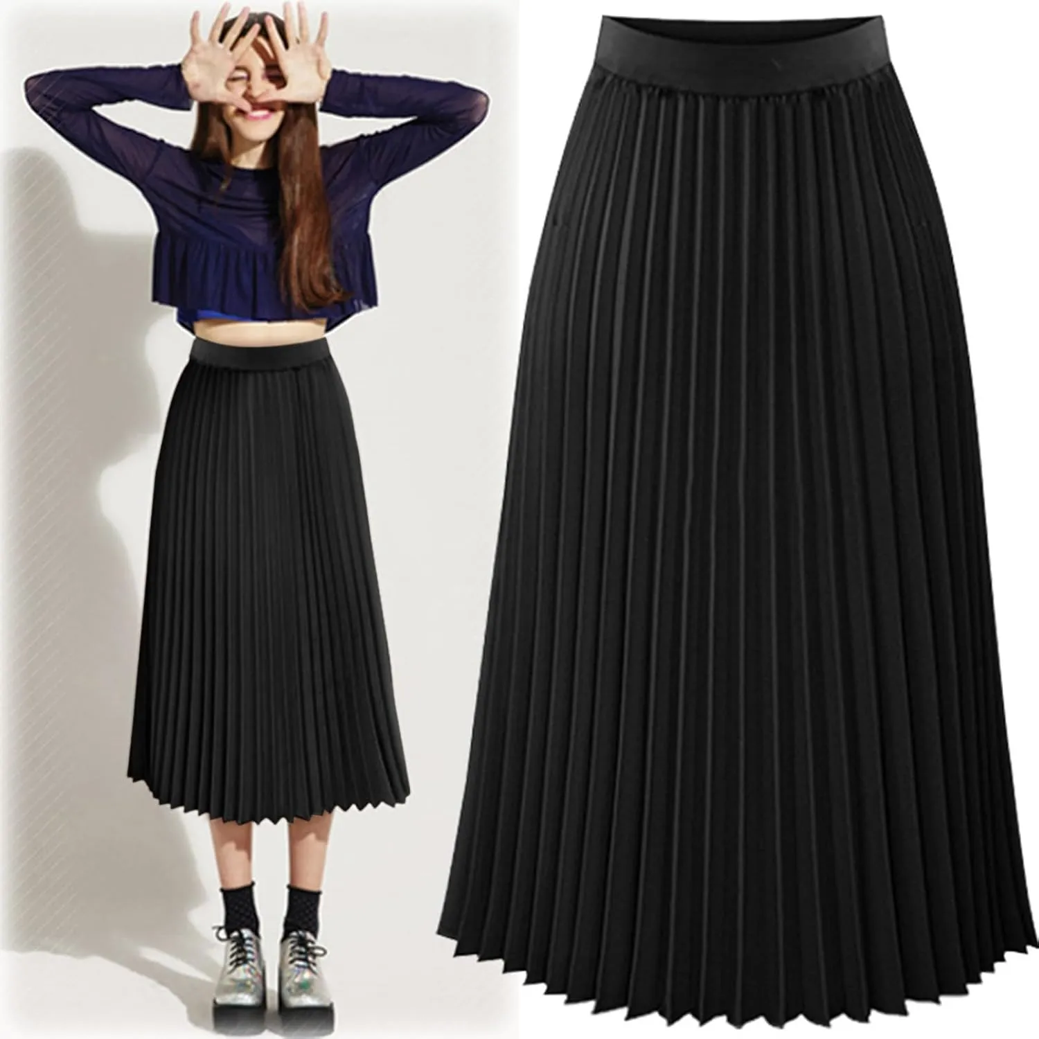 Womens Pleated Midi Skirt High Elastic Waist Pleated Skirt Casual Elastic A-Line Long Skirts Solid Color