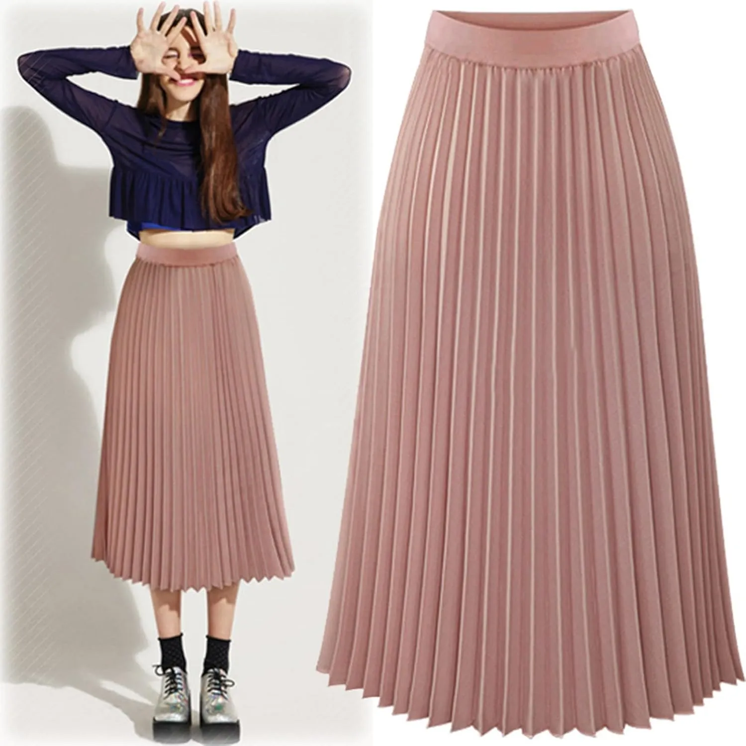 Womens Pleated Midi Skirt High Elastic Waist Pleated Skirt Casual Elastic A-Line Long Skirts Solid Color