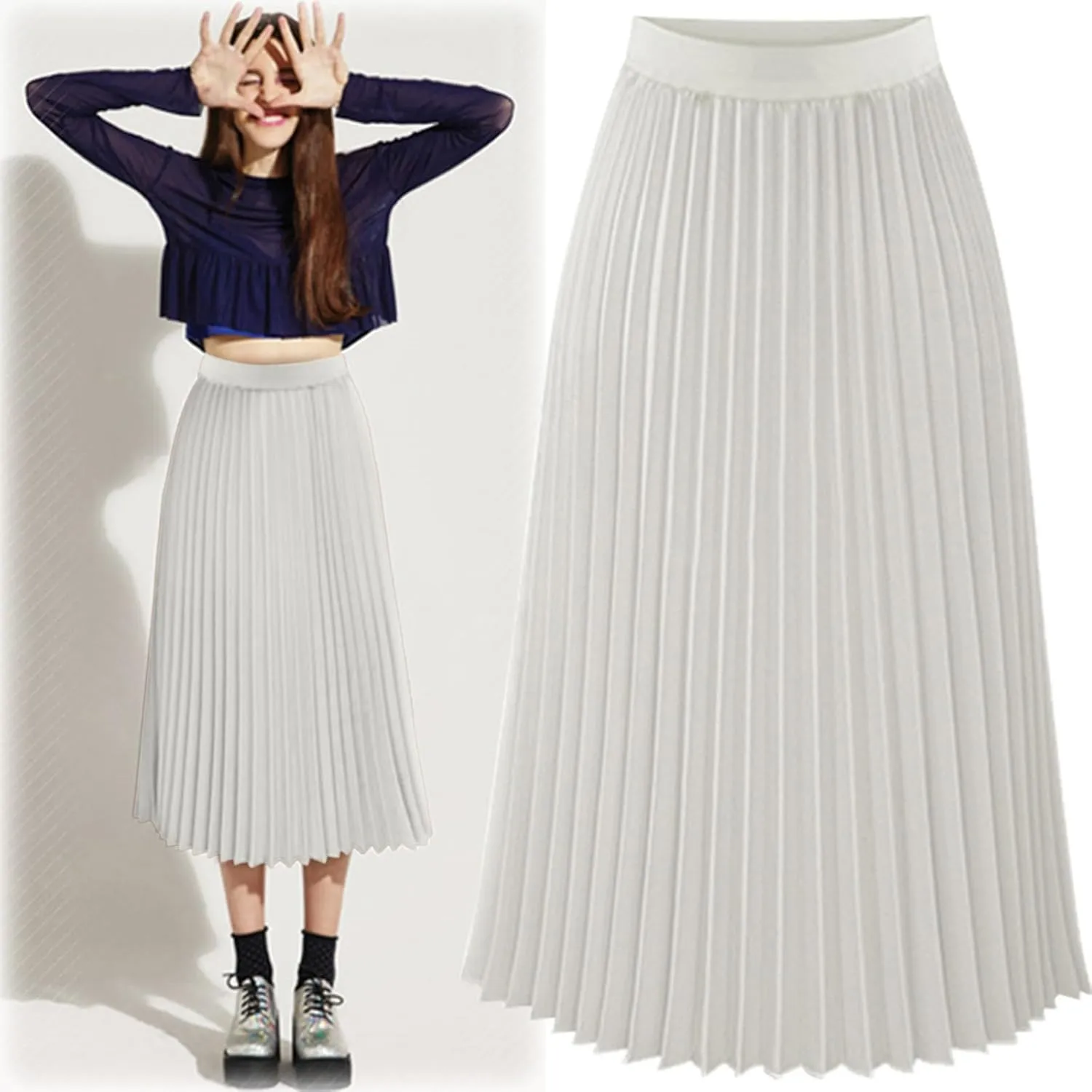 Womens Pleated Midi Skirt High Elastic Waist Pleated Skirt Casual Elastic A-Line Long Skirts Solid Color