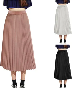 Womens Pleated Midi Skirt High Elastic Waist Pleated Skirt Casual Elastic A-Line Long Skirts Solid Color