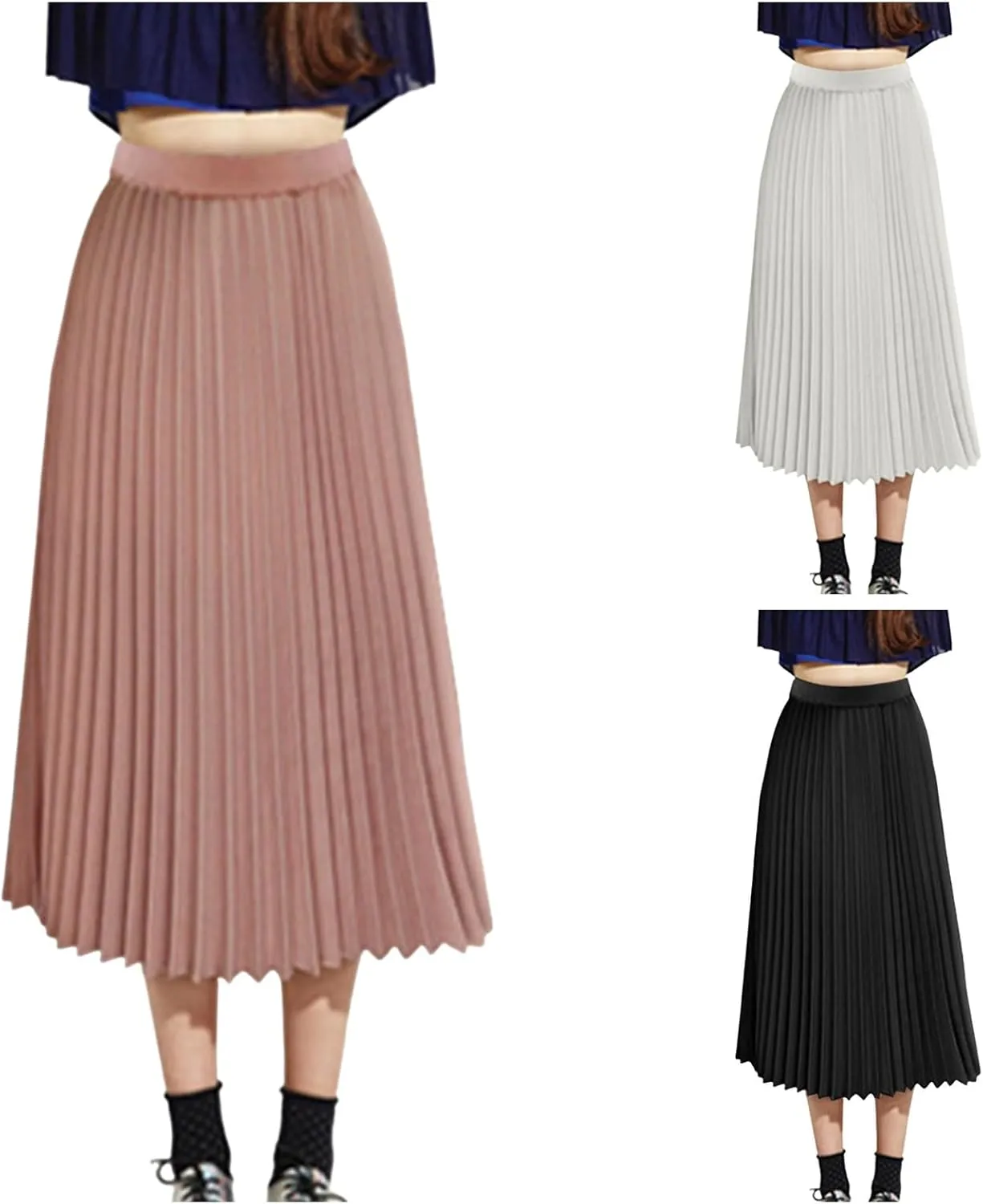 Womens Pleated Midi Skirt High Elastic Waist Pleated Skirt Casual Elastic A-Line Long Skirts Solid Color