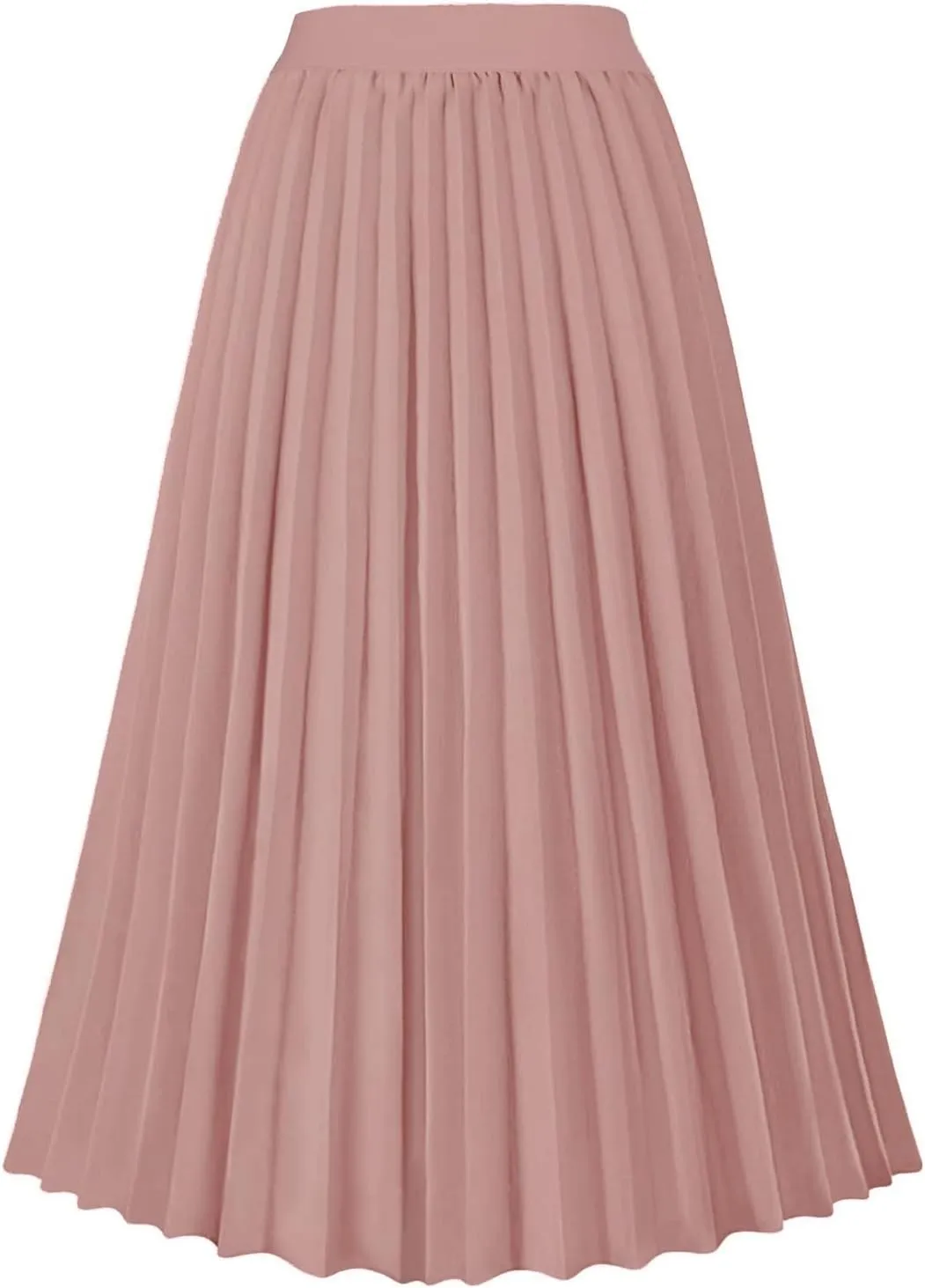 Womens Pleated Midi Skirt High Elastic Waist Pleated Skirt Casual Elastic A-Line Long Skirts Solid Color