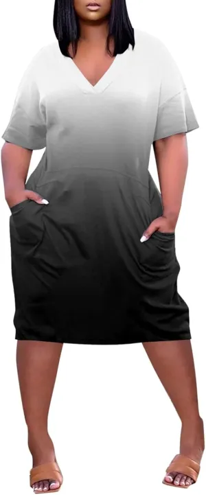 Women's Plus Size Summer Dresses 2024 V Neck Short Sleeve Knee Length Dress for Women with Pockets,S-5XL
