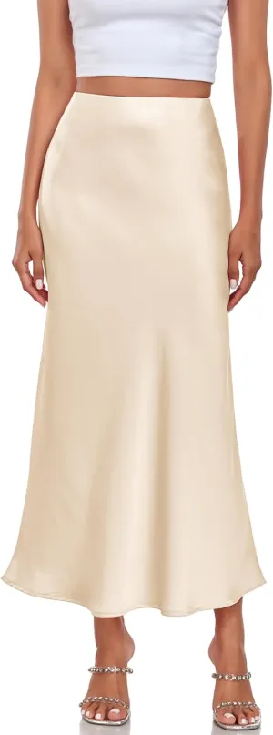 Women's Silk Satin Maxi Skirt High Waist Elastic A Line Fishtail Elegant Work Elastic Long Skirts
