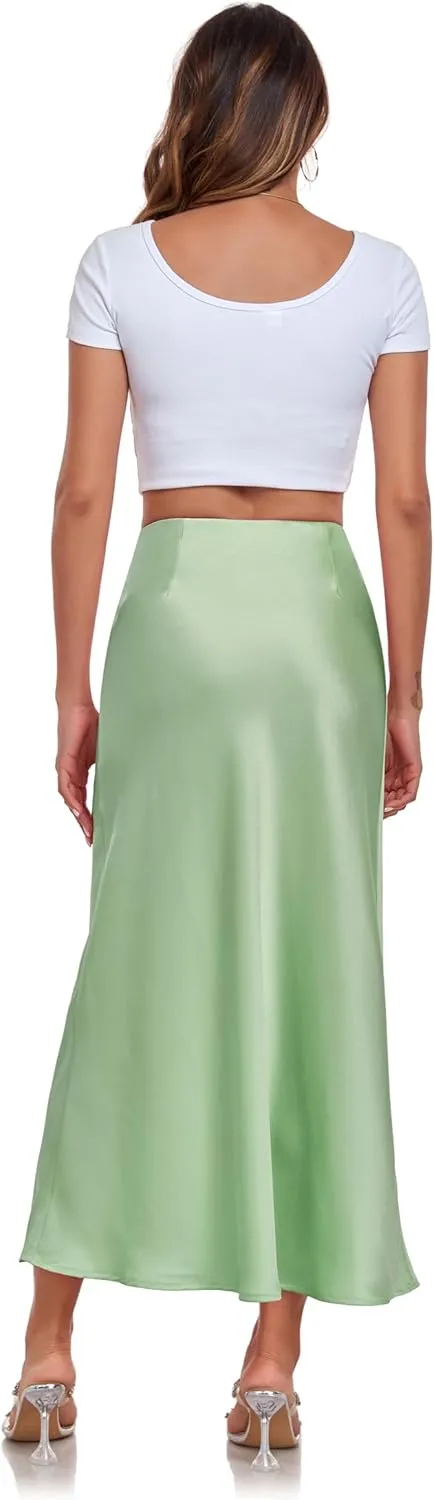 Women's Silk Satin Maxi Skirt High Waist Elastic A Line Fishtail Elegant Work Elastic Long Skirts
