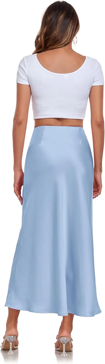 Women's Silk Satin Maxi Skirt High Waist Elastic A Line Fishtail Elegant Work Elastic Long Skirts