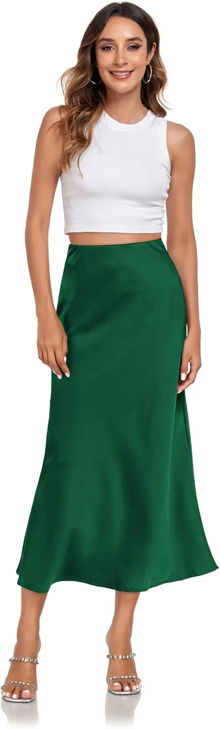 Women's Silk Satin Maxi Skirt High Waist Elastic A Line Fishtail Elegant Work Elastic Long Skirts