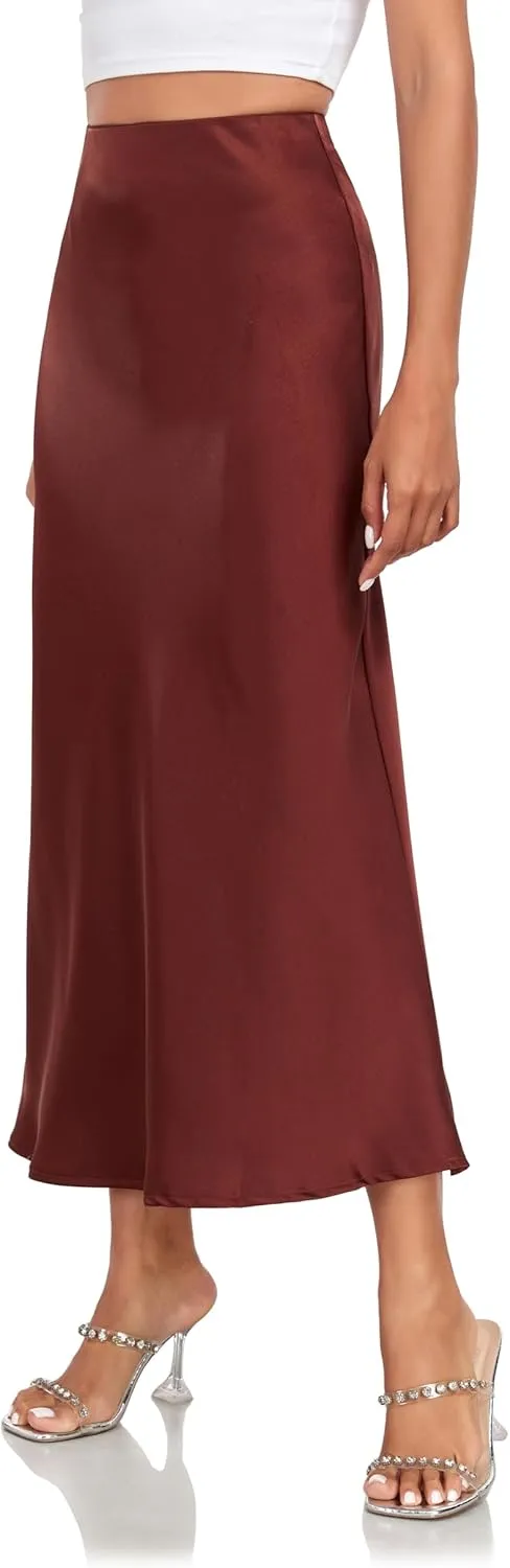 Women's Silk Satin Maxi Skirt High Waist Elastic A Line Fishtail Elegant Work Elastic Long Skirts