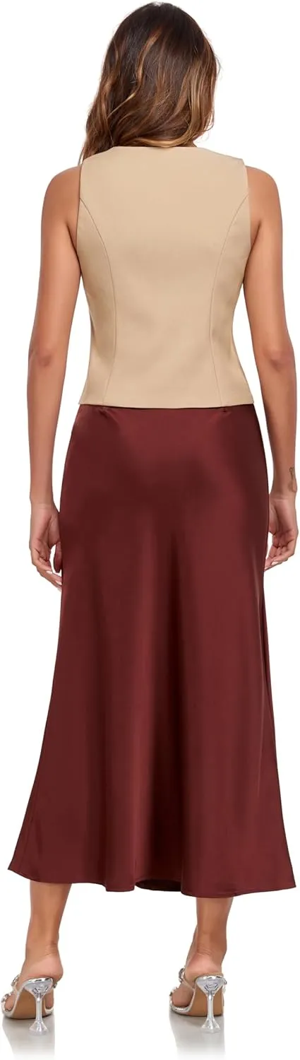 Women's Silk Satin Maxi Skirt High Waist Elastic A Line Fishtail Elegant Work Elastic Long Skirts