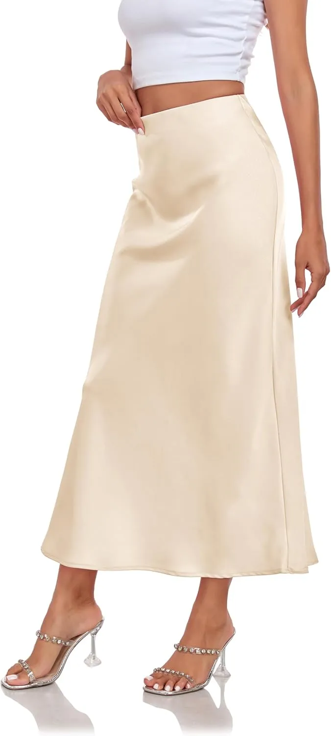 Women's Silk Satin Maxi Skirt High Waist Elastic A Line Fishtail Elegant Work Elastic Long Skirts