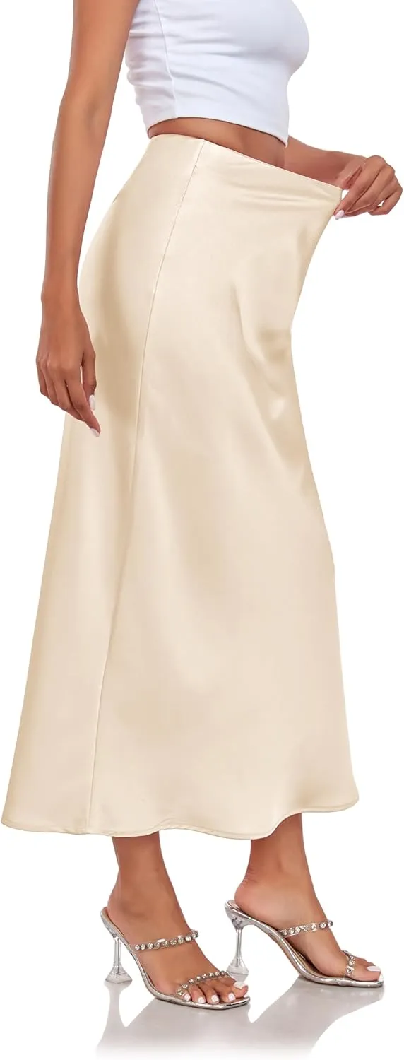 Women's Silk Satin Maxi Skirt High Waist Elastic A Line Fishtail Elegant Work Elastic Long Skirts