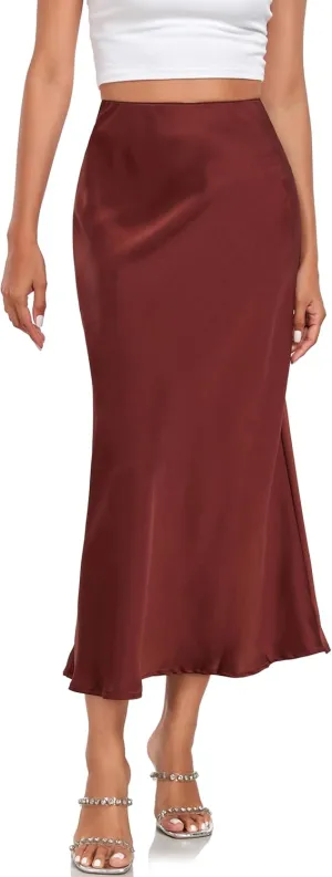 Women's Silk Satin Maxi Skirt High Waist Elastic A Line Fishtail Elegant Work Elastic Long Skirts