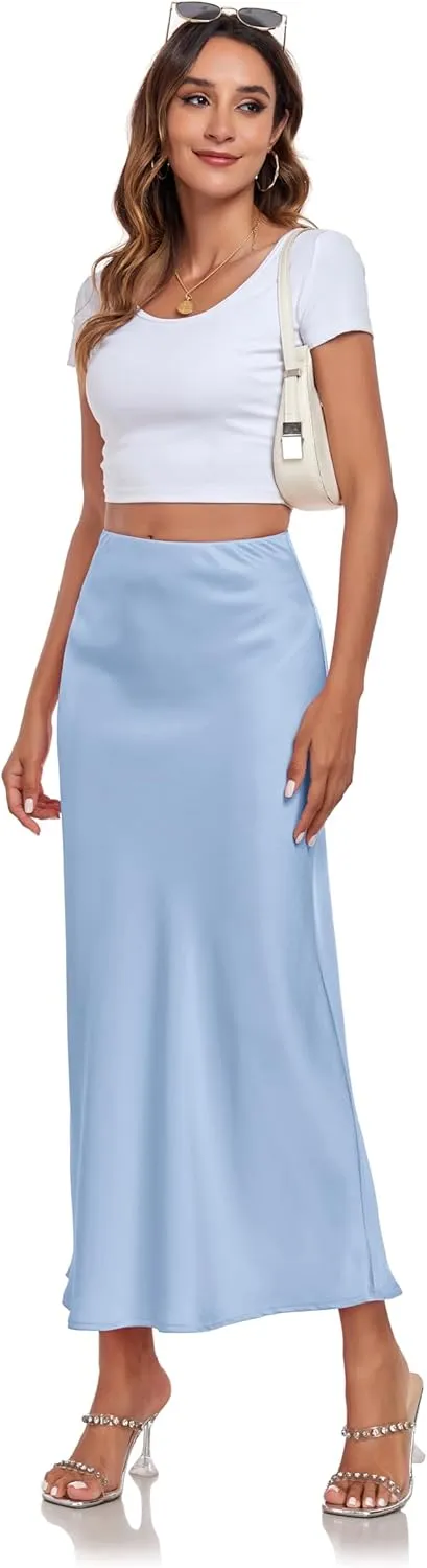 Women's Silk Satin Maxi Skirt High Waist Elastic A Line Fishtail Elegant Work Elastic Long Skirts