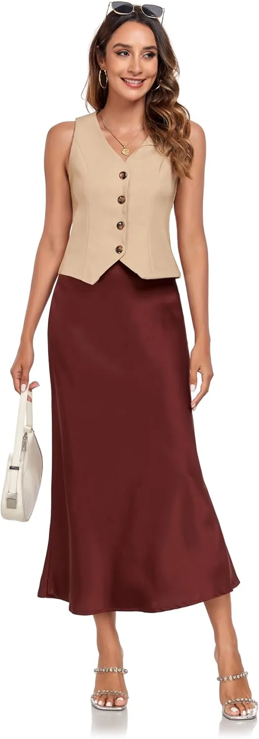 Women's Silk Satin Maxi Skirt High Waist Elastic A Line Fishtail Elegant Work Elastic Long Skirts