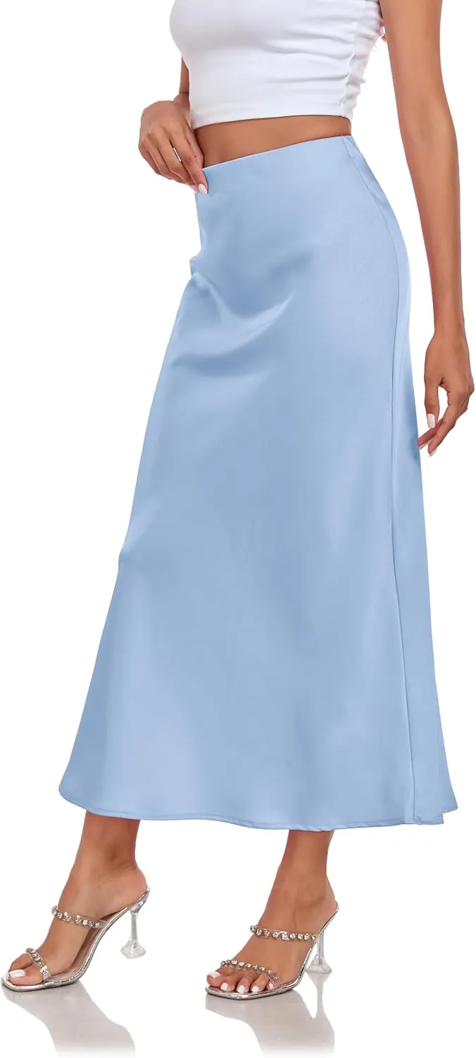 Women's Silk Satin Maxi Skirt High Waist Elastic A Line Fishtail Elegant Work Elastic Long Skirts
