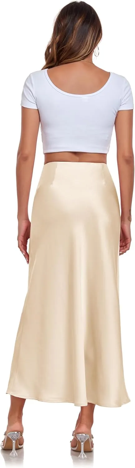 Women's Silk Satin Maxi Skirt High Waist Elastic A Line Fishtail Elegant Work Elastic Long Skirts