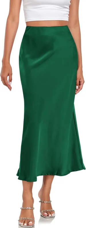 Women's Silk Satin Maxi Skirt High Waist Elastic A Line Fishtail Elegant Work Elastic Long Skirts
