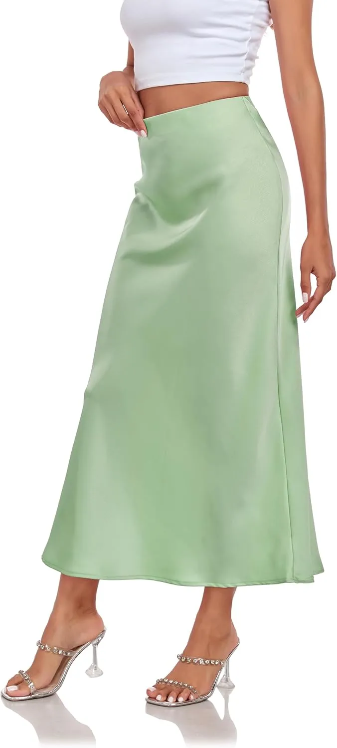 Women's Silk Satin Maxi Skirt High Waist Elastic A Line Fishtail Elegant Work Elastic Long Skirts
