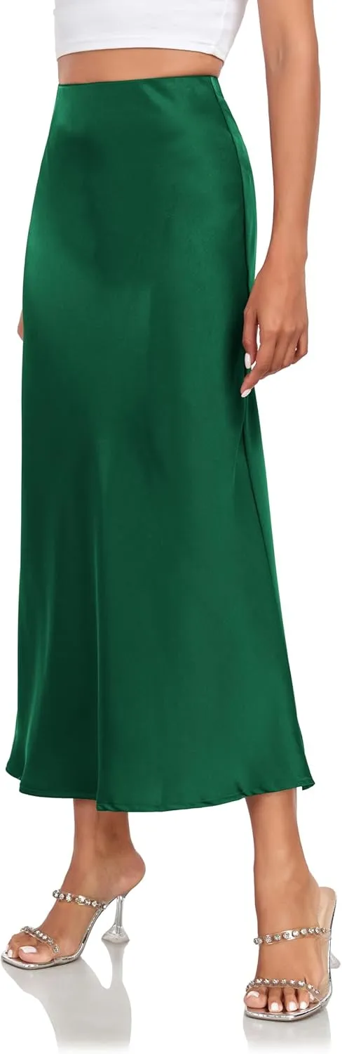 Women's Silk Satin Maxi Skirt High Waist Elastic A Line Fishtail Elegant Work Elastic Long Skirts