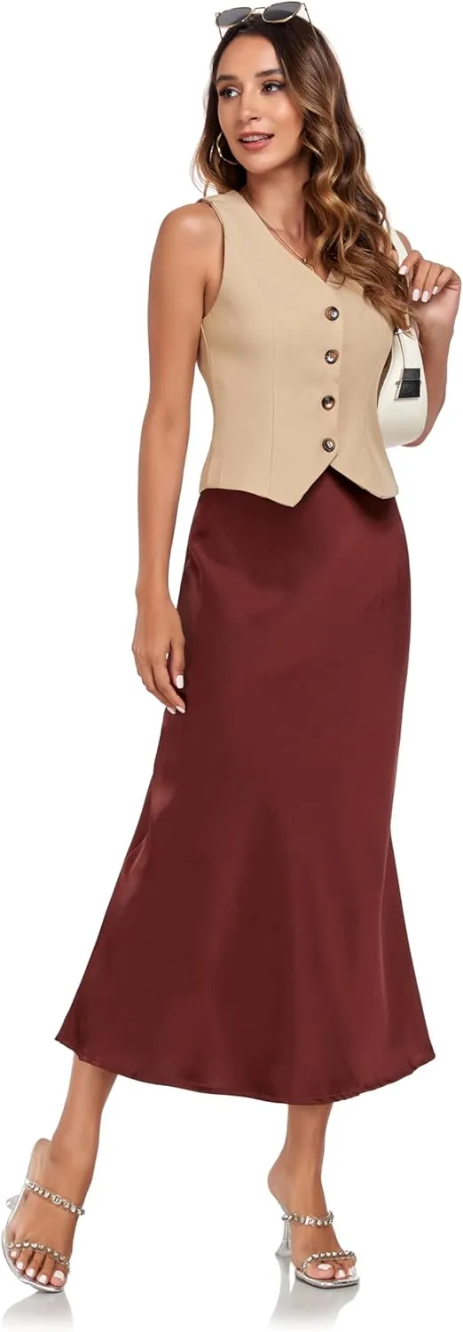 Women's Silk Satin Maxi Skirt High Waist Elastic A Line Fishtail Elegant Work Elastic Long Skirts