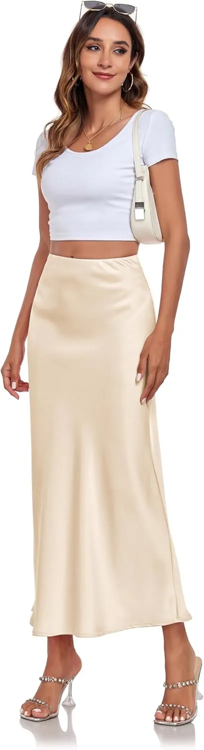 Women's Silk Satin Maxi Skirt High Waist Elastic A Line Fishtail Elegant Work Elastic Long Skirts