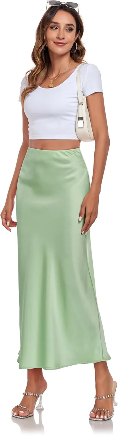 Women's Silk Satin Maxi Skirt High Waist Elastic A Line Fishtail Elegant Work Elastic Long Skirts