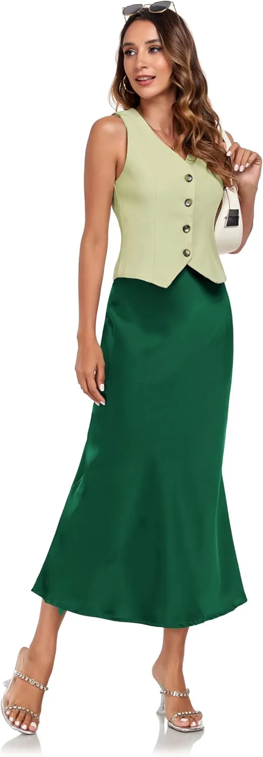 Women's Silk Satin Maxi Skirt High Waist Elastic A Line Fishtail Elegant Work Elastic Long Skirts