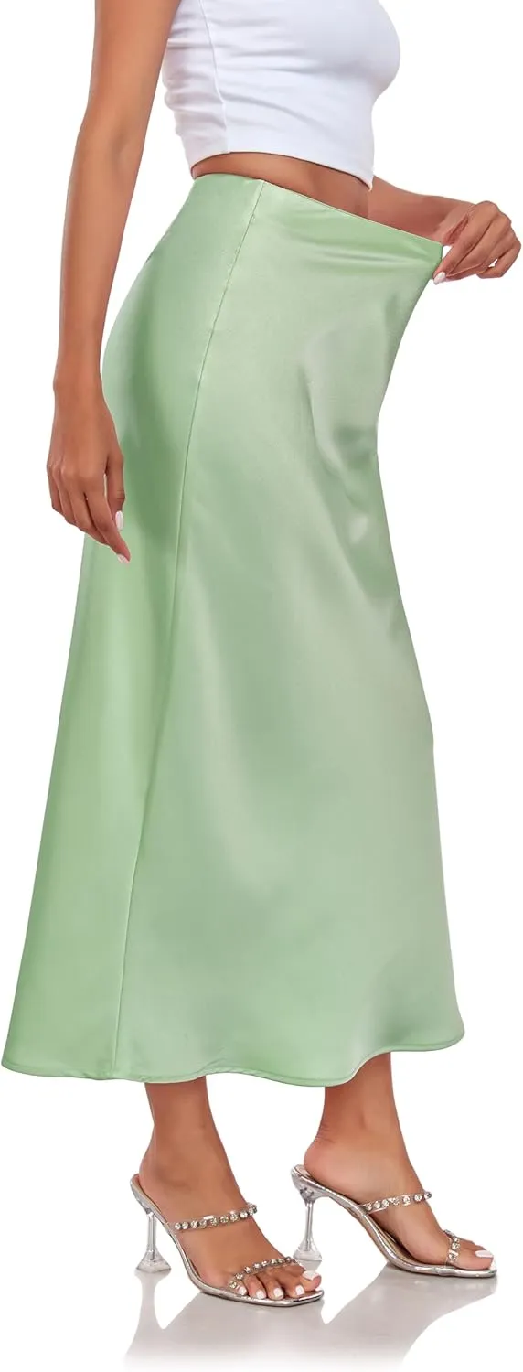 Women's Silk Satin Maxi Skirt High Waist Elastic A Line Fishtail Elegant Work Elastic Long Skirts