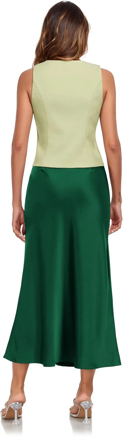 Women's Silk Satin Maxi Skirt High Waist Elastic A Line Fishtail Elegant Work Elastic Long Skirts